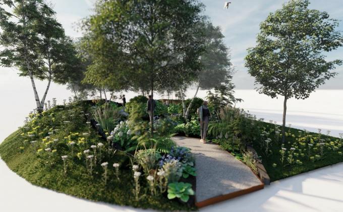 rhs горска градина за къпане, rhs характеристика градина, проектирана от Дейв Грийн, rhs Hampton Court Palace Garden Festival 2022