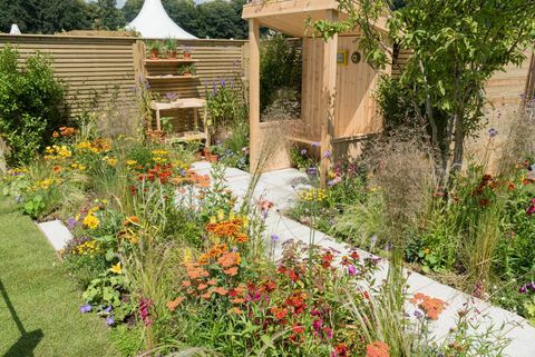 BBC Северна Запад тази вечер слънчева градина - в памет на Диан Oxberry. Проектиран от Лий Бъркхил „Градината нинджа“. Спонсориран от BBC North West Tonight. Функционална градина. RHS Flower Show Tatton Park 2019. Стойка № 310