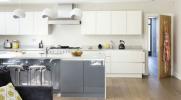 Елегантна бяла и сива кухня, където пространството е приоритет