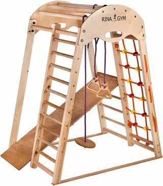 Дървено оборудване за детска площадка за деца от 1 до 5 години - Мрежа за катерене, Шведска стълба, Люлеещи се пръстени, Плъзгач - Безопасна дървена рамка - Капацитет 60 кг