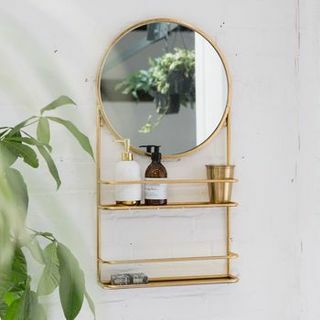 Златно или сребърно кръгло огледало за баня с рафтове